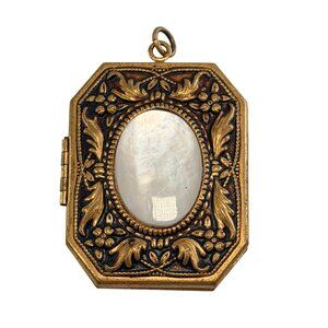 Vintage Gold-Tone Ornate Octagonal Hinged Locket Pendant Mother-Of-Pearl Accent
